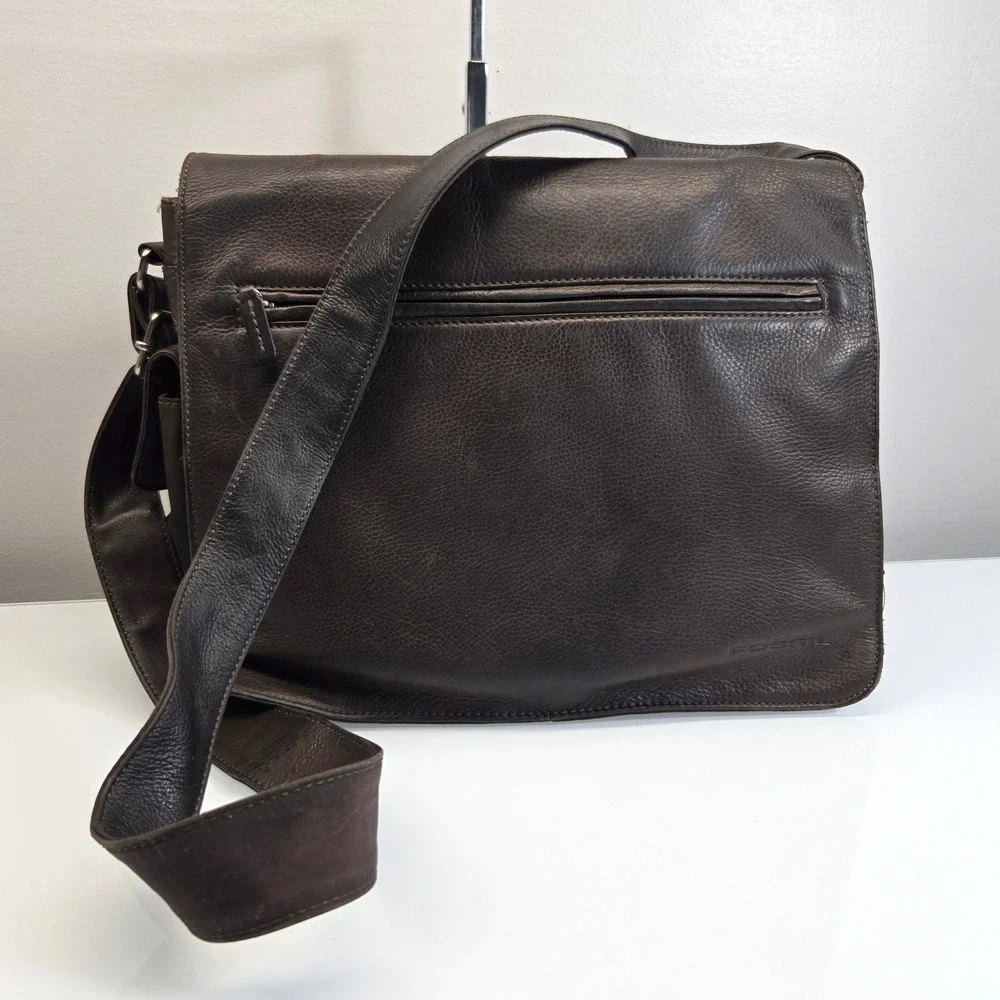 Fossil Messenger Bag Medium Chocolate Brown Leather Crossbody Laptop Briefcase